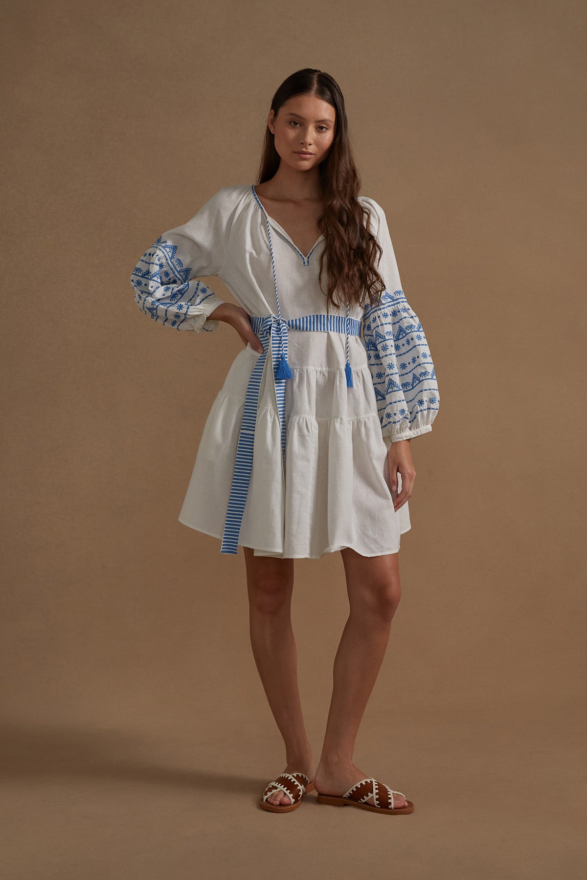 Cotton Embroidered Corfu Dress - White Azure - LAST ONE - Size Small