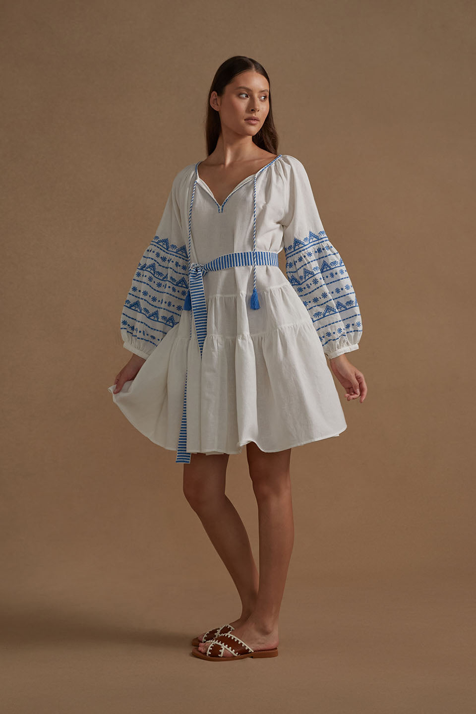 Cotton Embroidered Corfu Dress - White Azure - LAST ONE - Size Small