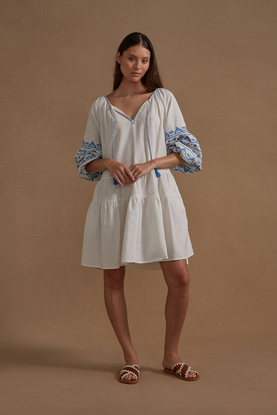Cotton Embroidered Corfu Dress - White Azure - LAST ONE - Size Small