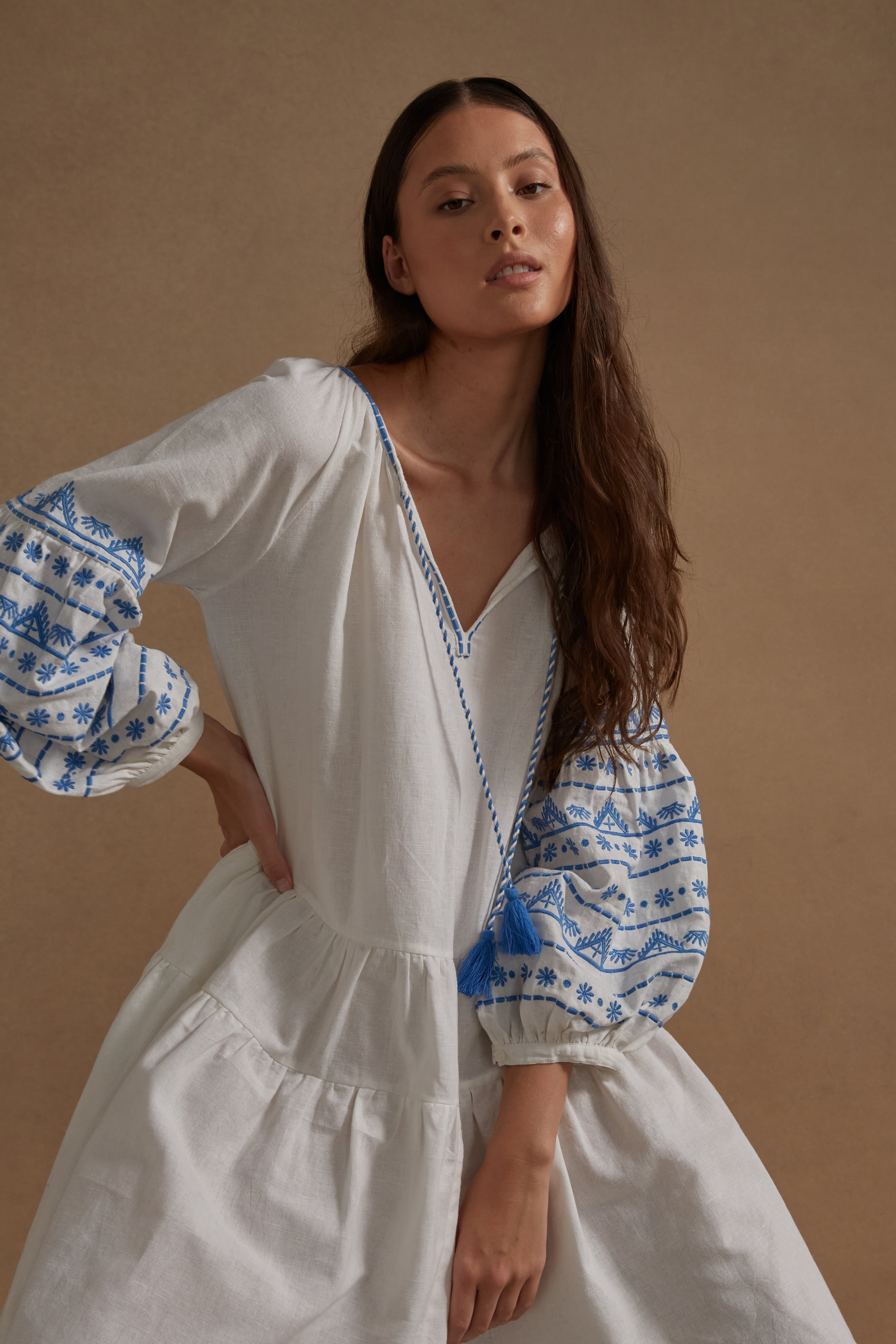 Cotton Embroidered Corfu Dress - White Azure - LAST ONE - Size Small