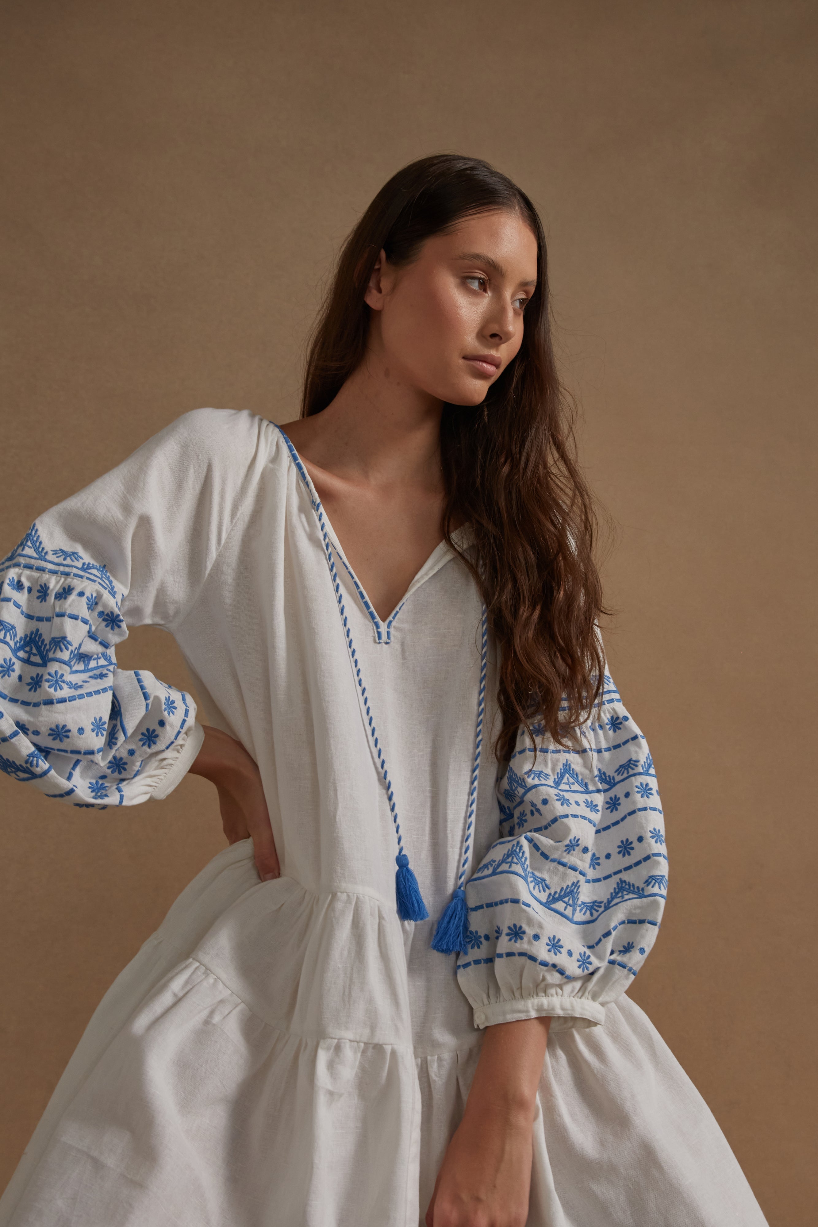 Cotton Embroidered Corfu Dress - White Azure - LAST ONE - Size Small