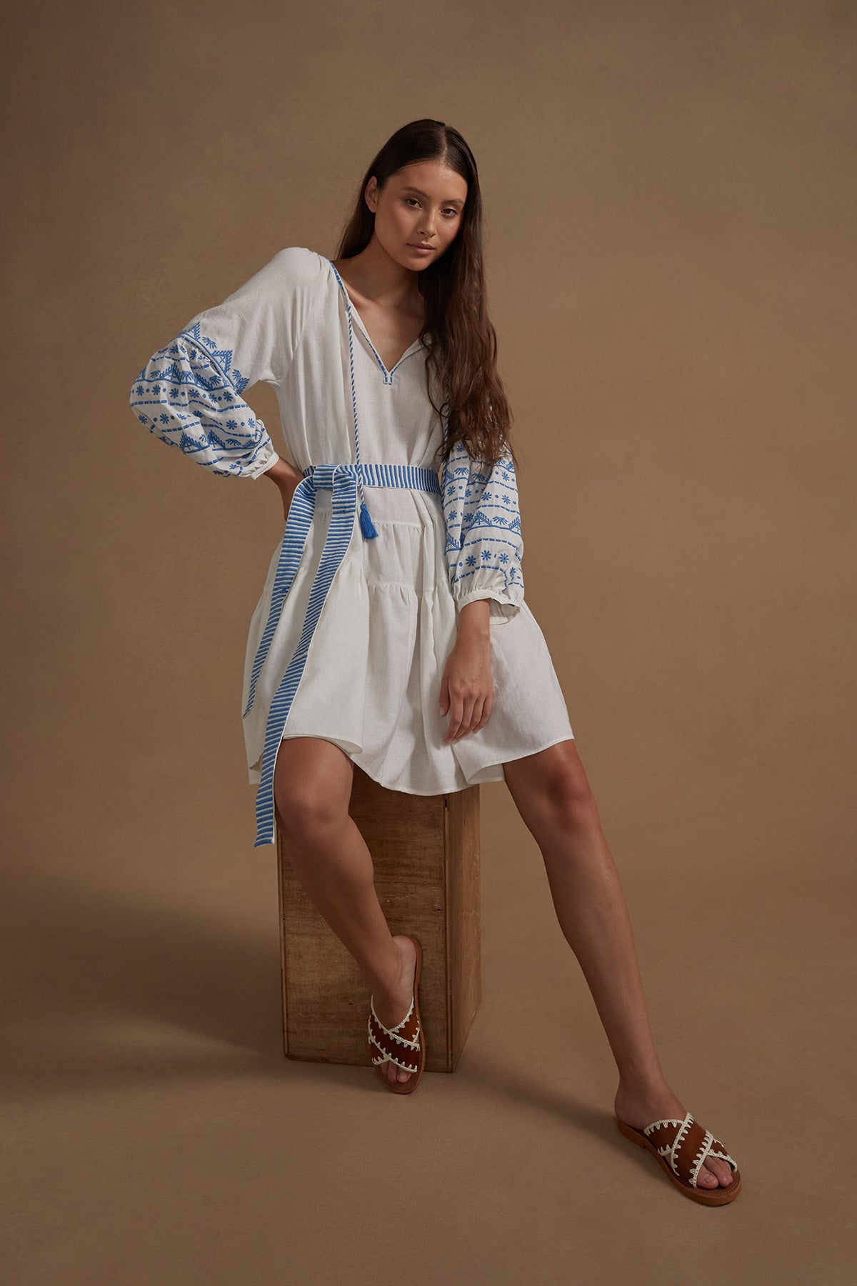 Cotton Embroidered Corfu Dress - White Azure - LAST ONE - Size Small