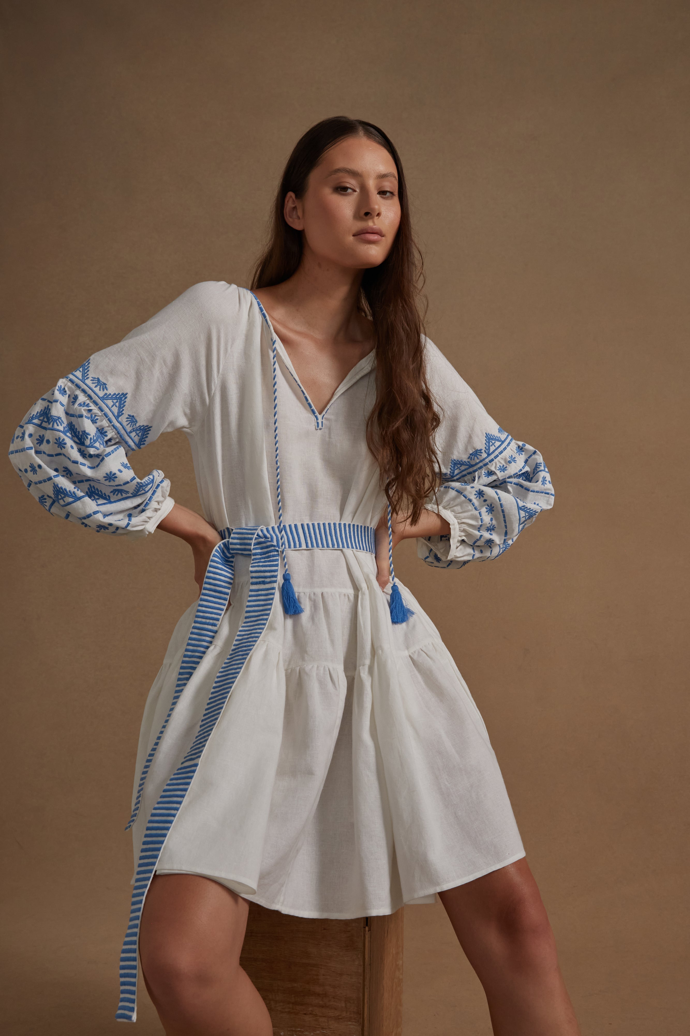 Cotton Embroidered Corfu Dress - White Azure - LAST ONE - Size Small
