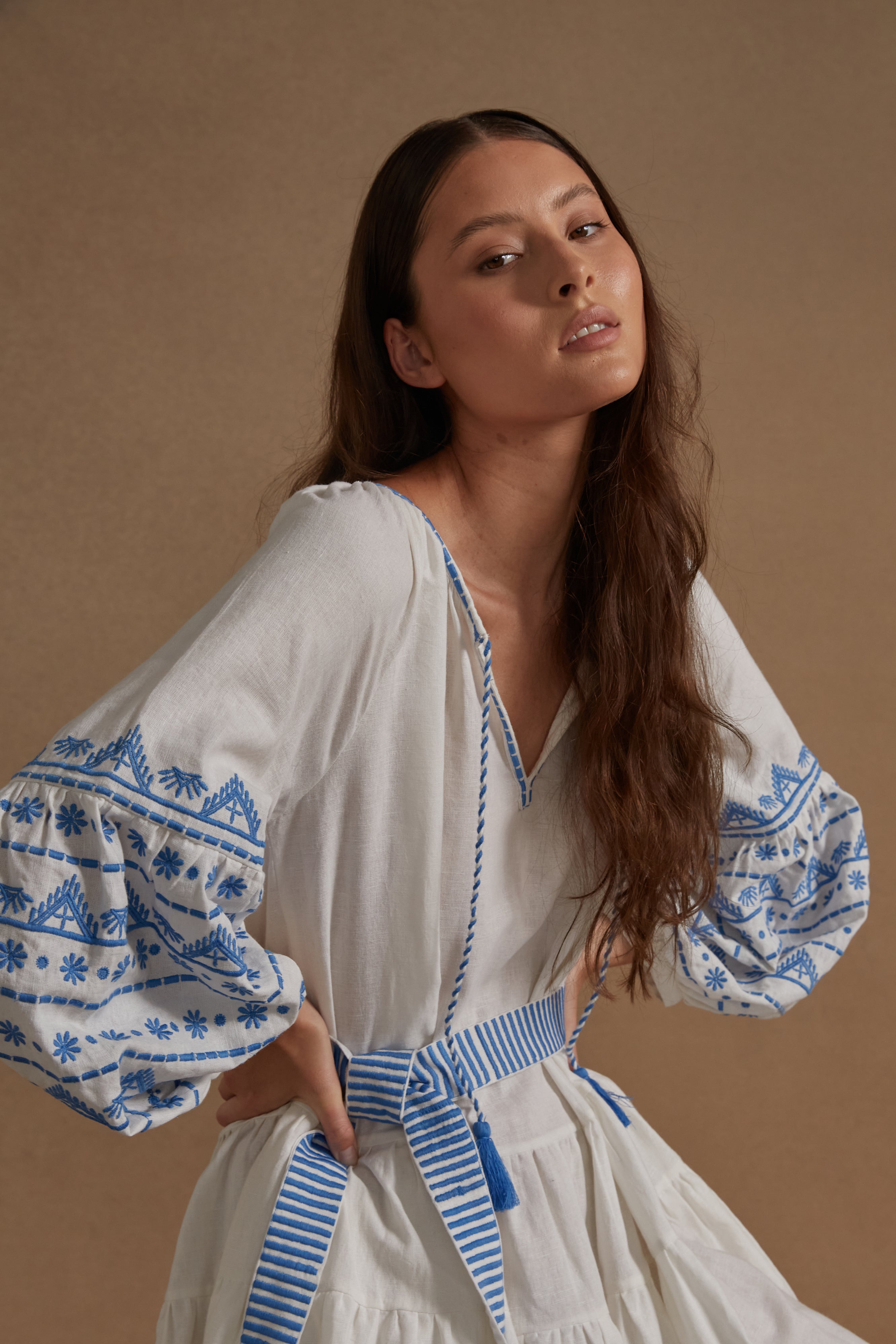 Cotton Embroidered Corfu Dress - White Azure - LAST ONE - Size Small