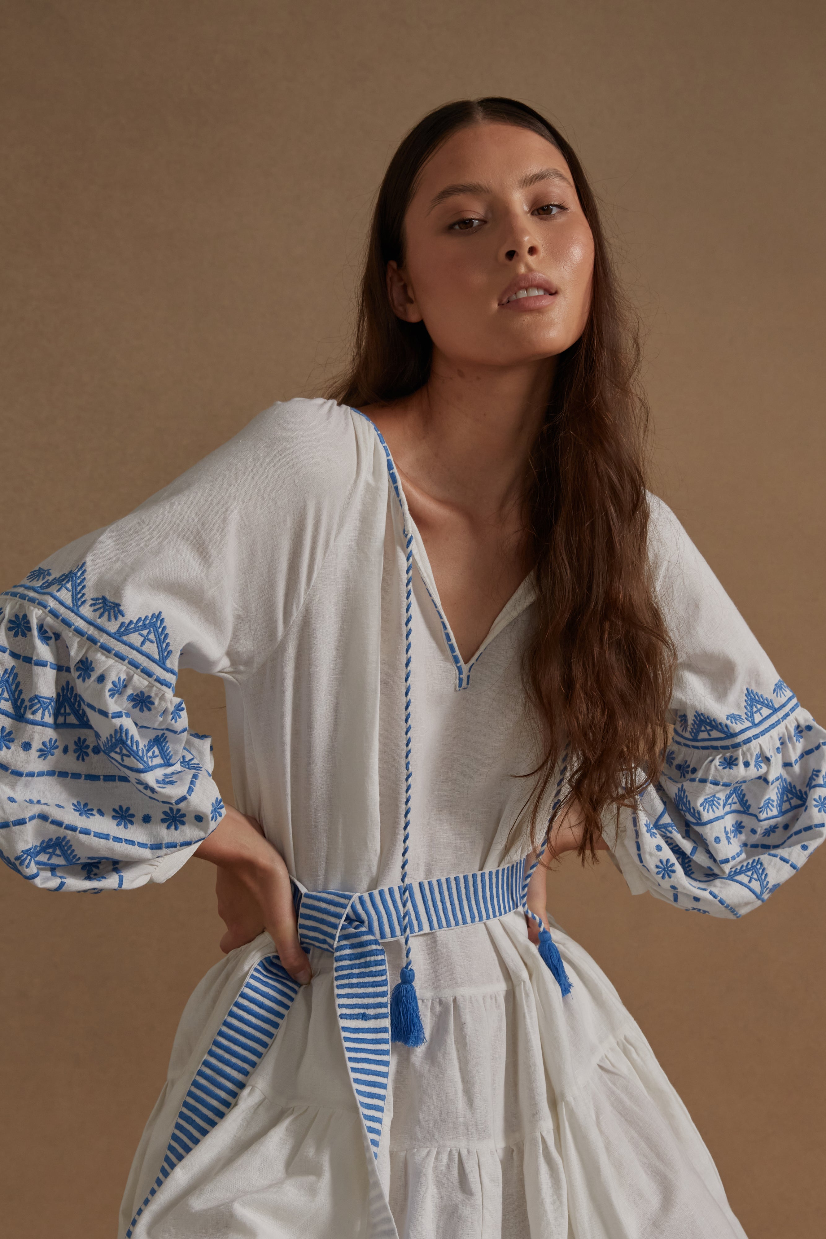 Cotton Embroidered Corfu Dress - White Azure - LAST ONE - Size Small