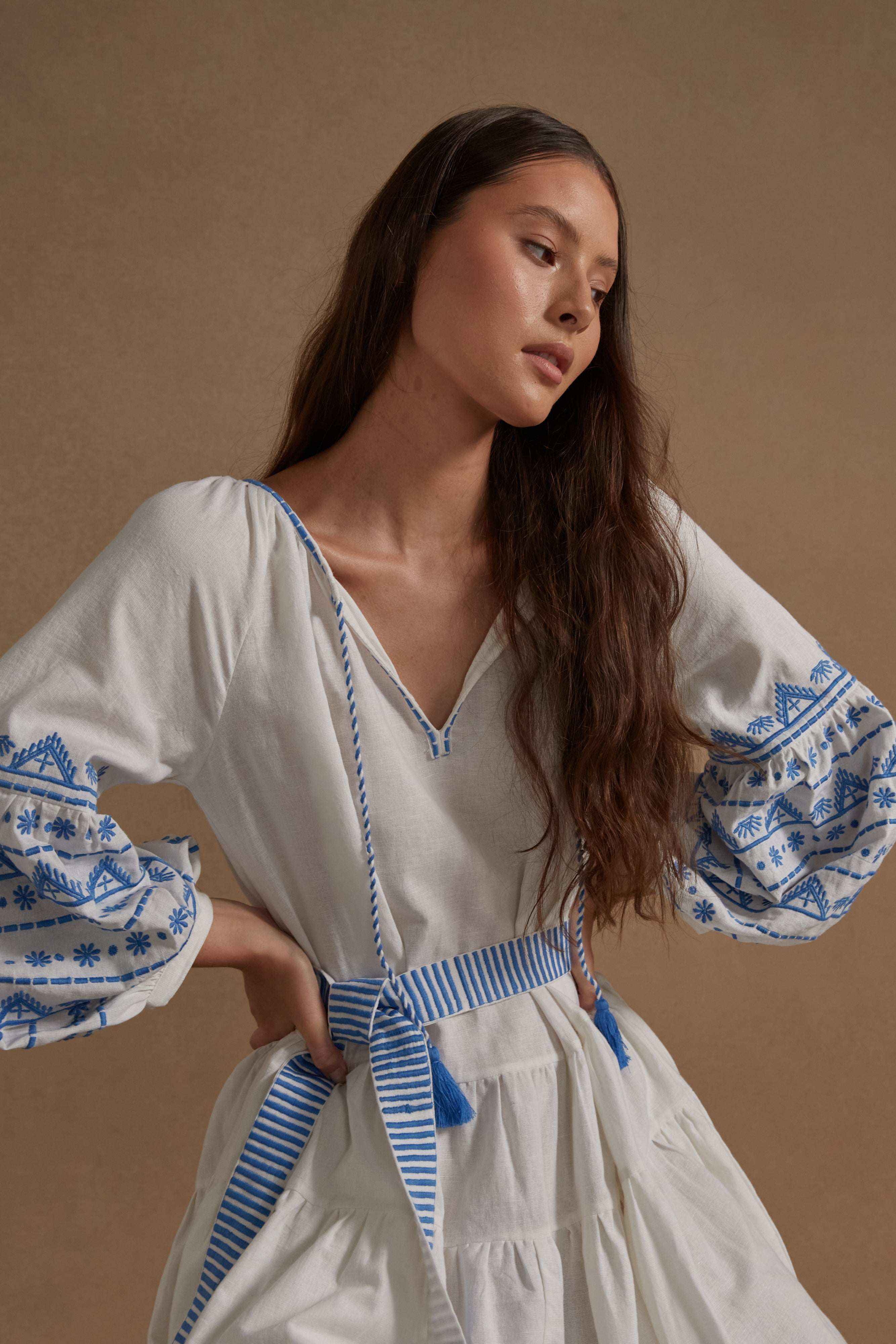 Cotton Embroidered Corfu Dress - White Azure - LAST ONE - Size Small