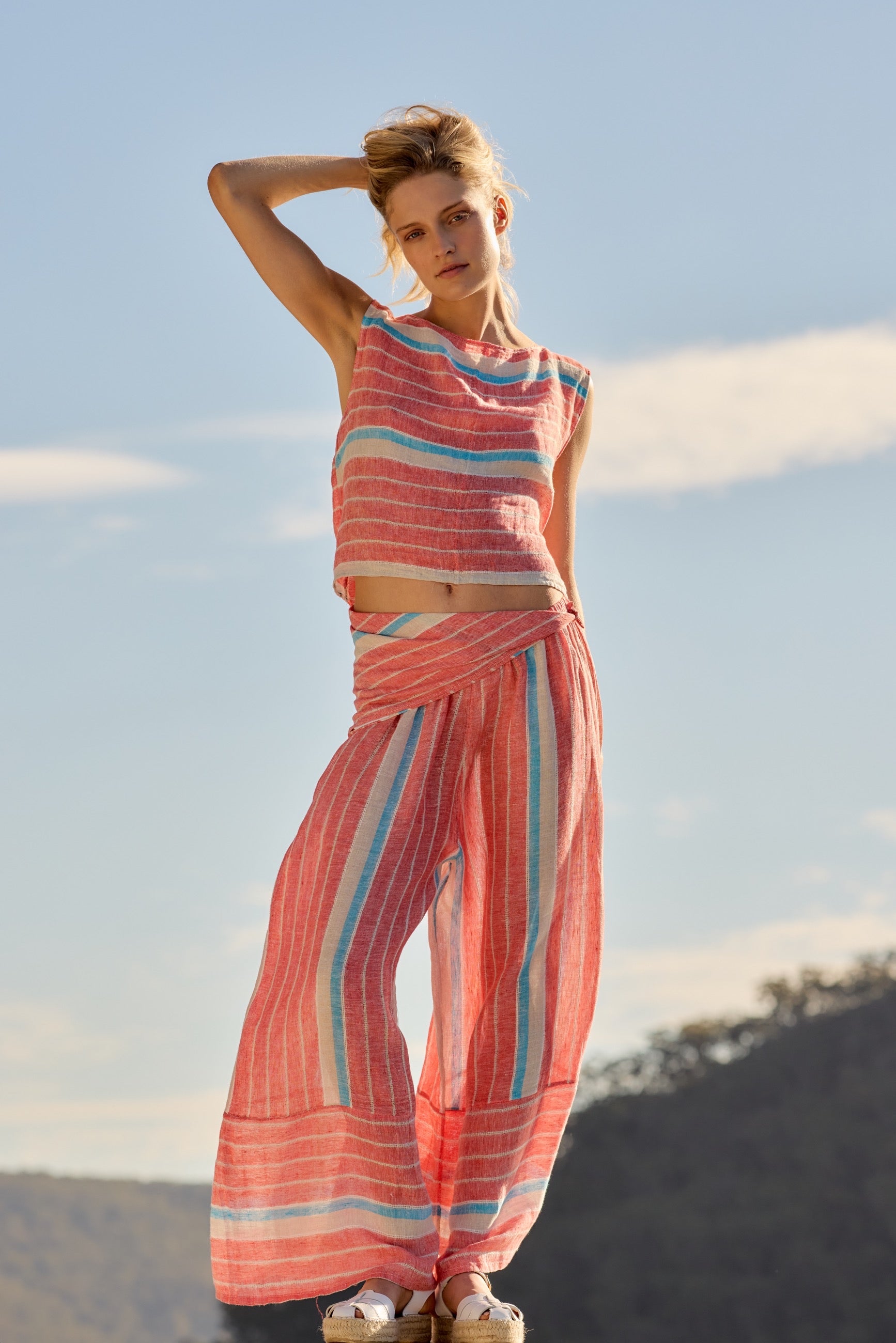 Palazzo Cuffed Pants - Poppy Red Stripe