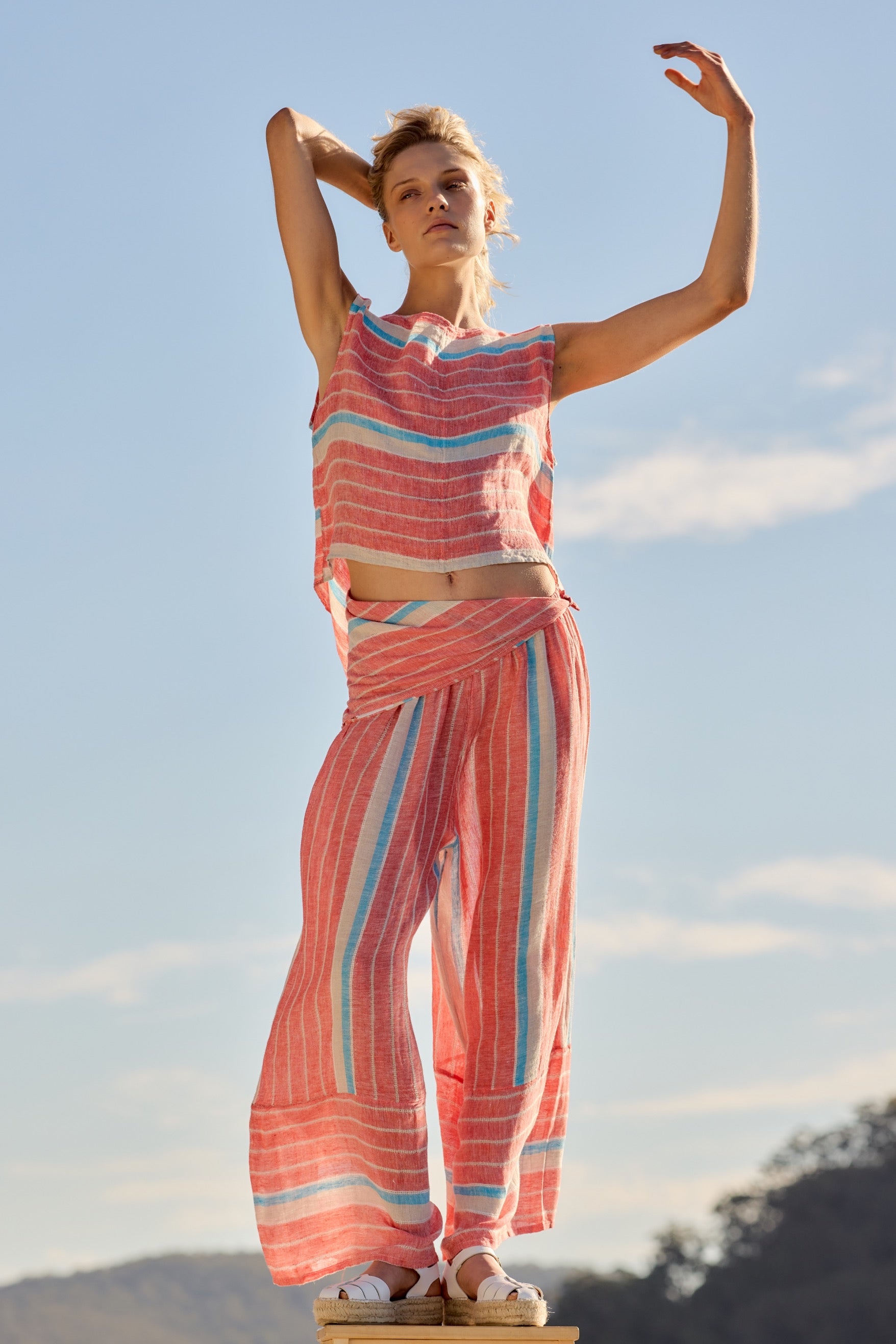 Palazzo Cuffed Pants - Poppy Red Stripe