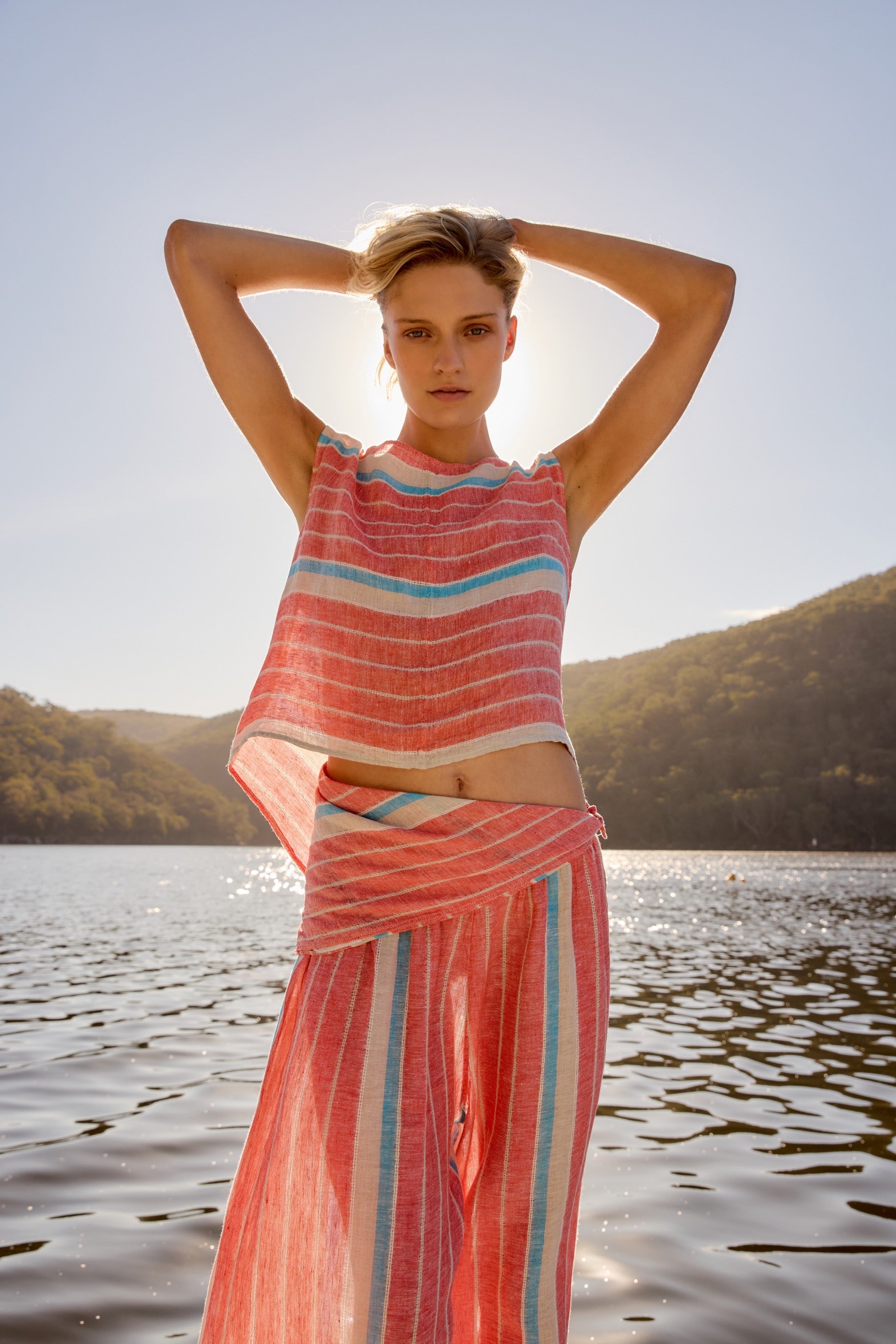 Lino Bandana - Poppy Red Stripe