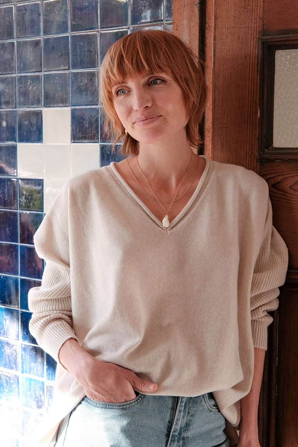 Zoe Cashmere V-Neck Jumper- Albatross