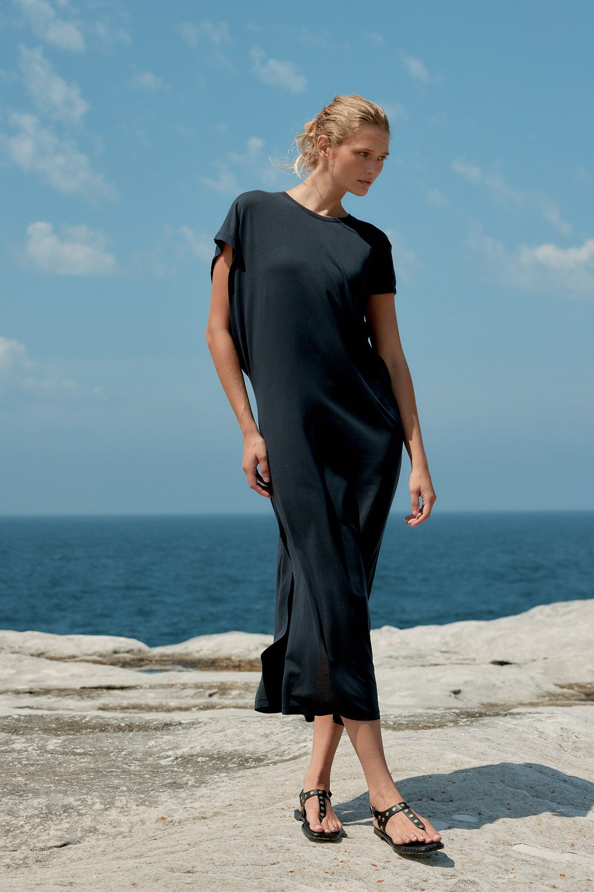 Batwing Cotton/Tencel Maxi Dress - Washed Black