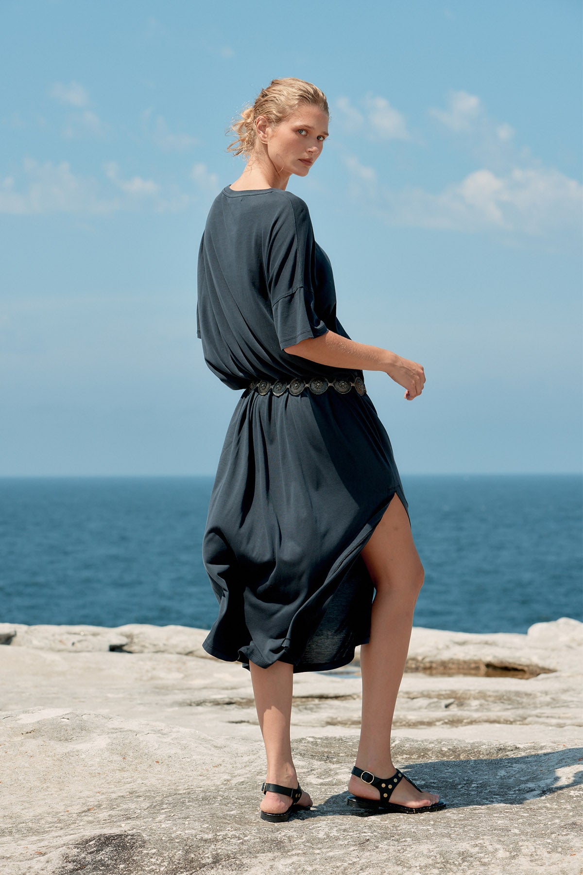 Box Cotton/Tencel Long T-Shirt Dress - Washed Black