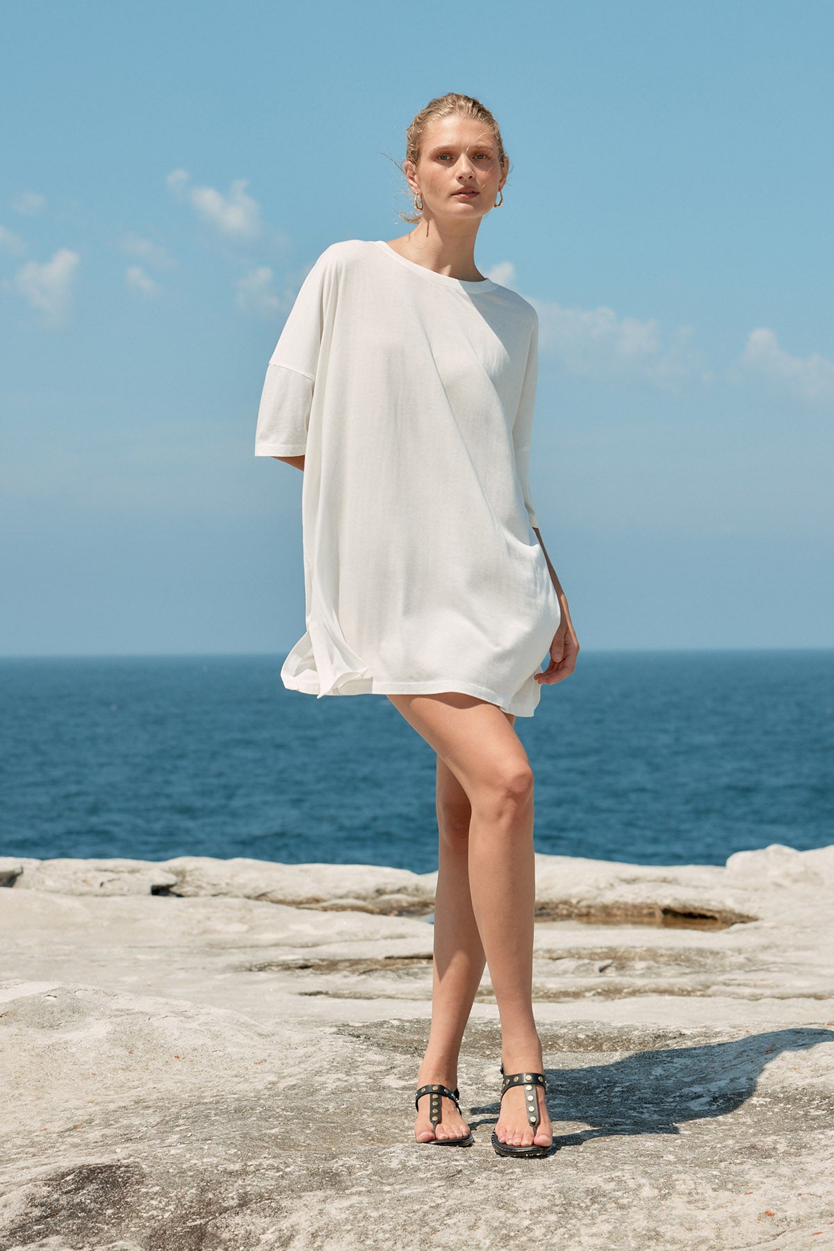 white t shirt dress cotton Cotton/Tencel Short T-Shirt Julie Brown NYC Lauriella global-sleeve_length-Sleeveless Color:LIGHT IVORY/LIGHT IVORY