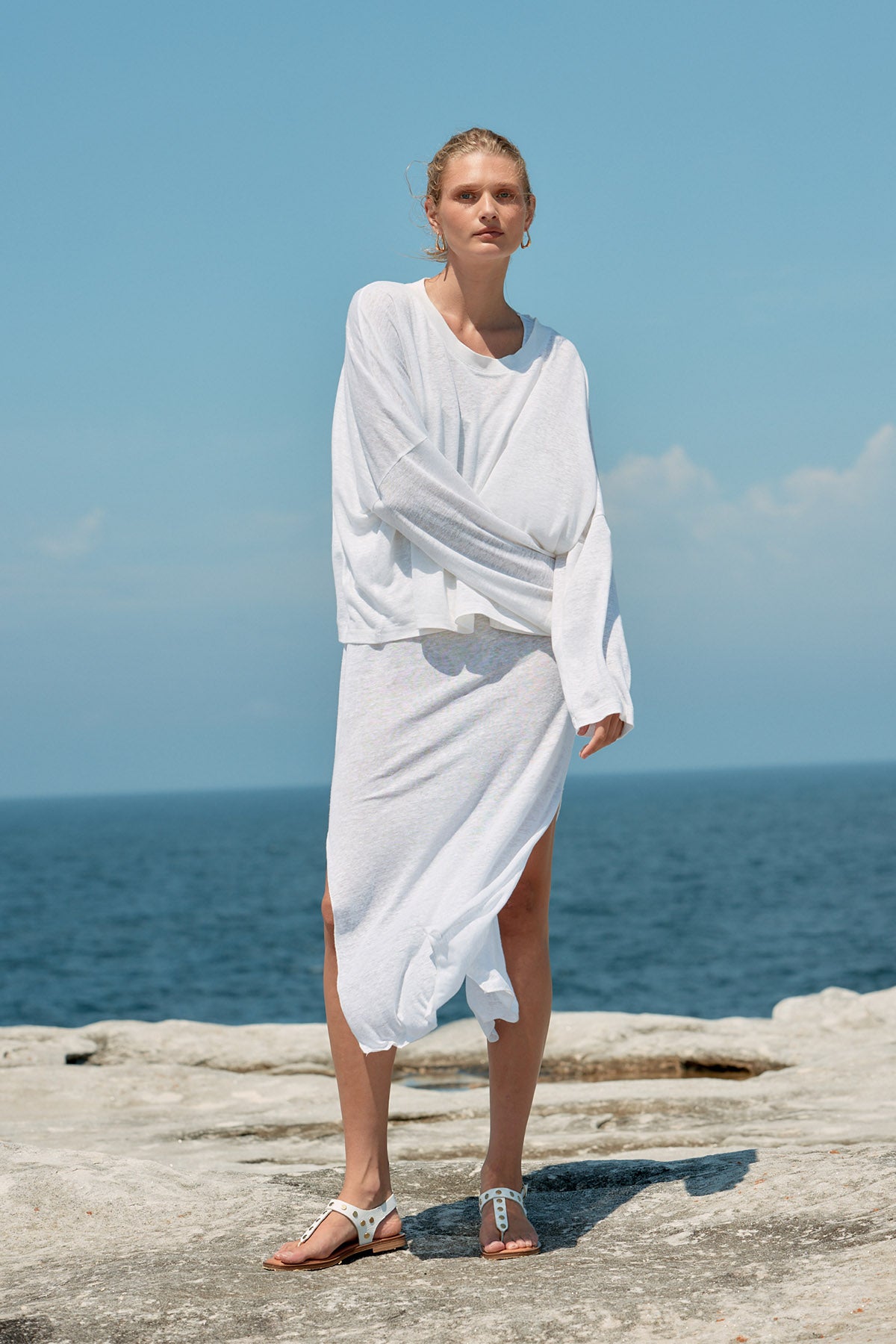 Box Linen Long Sleeve Tee - White
