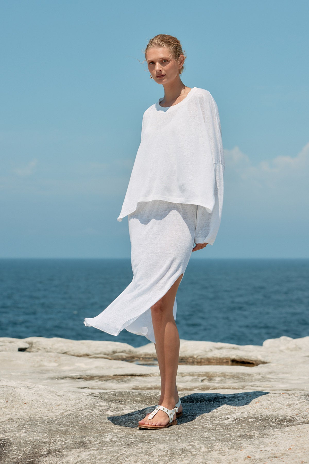 Box Linen Long Sleeve Tee - White