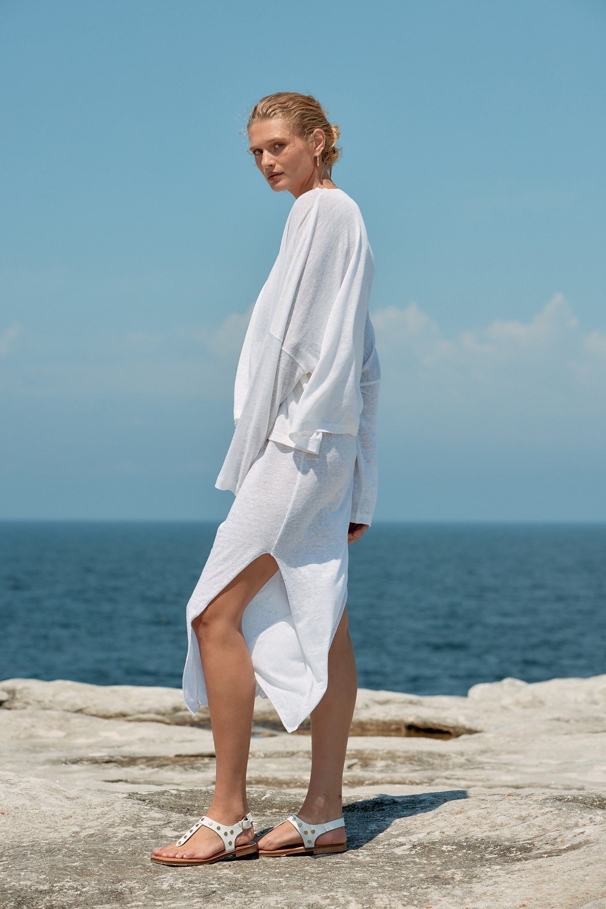 Box Linen Long Sleeve Tee - White