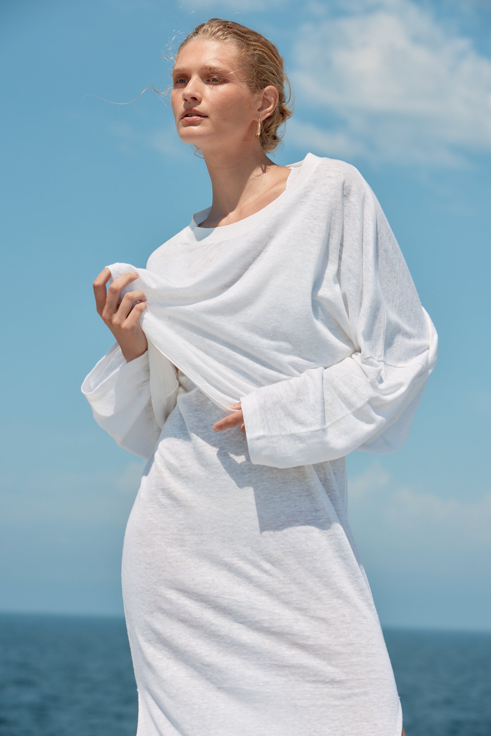 Box Linen Long Sleeve Tee - White