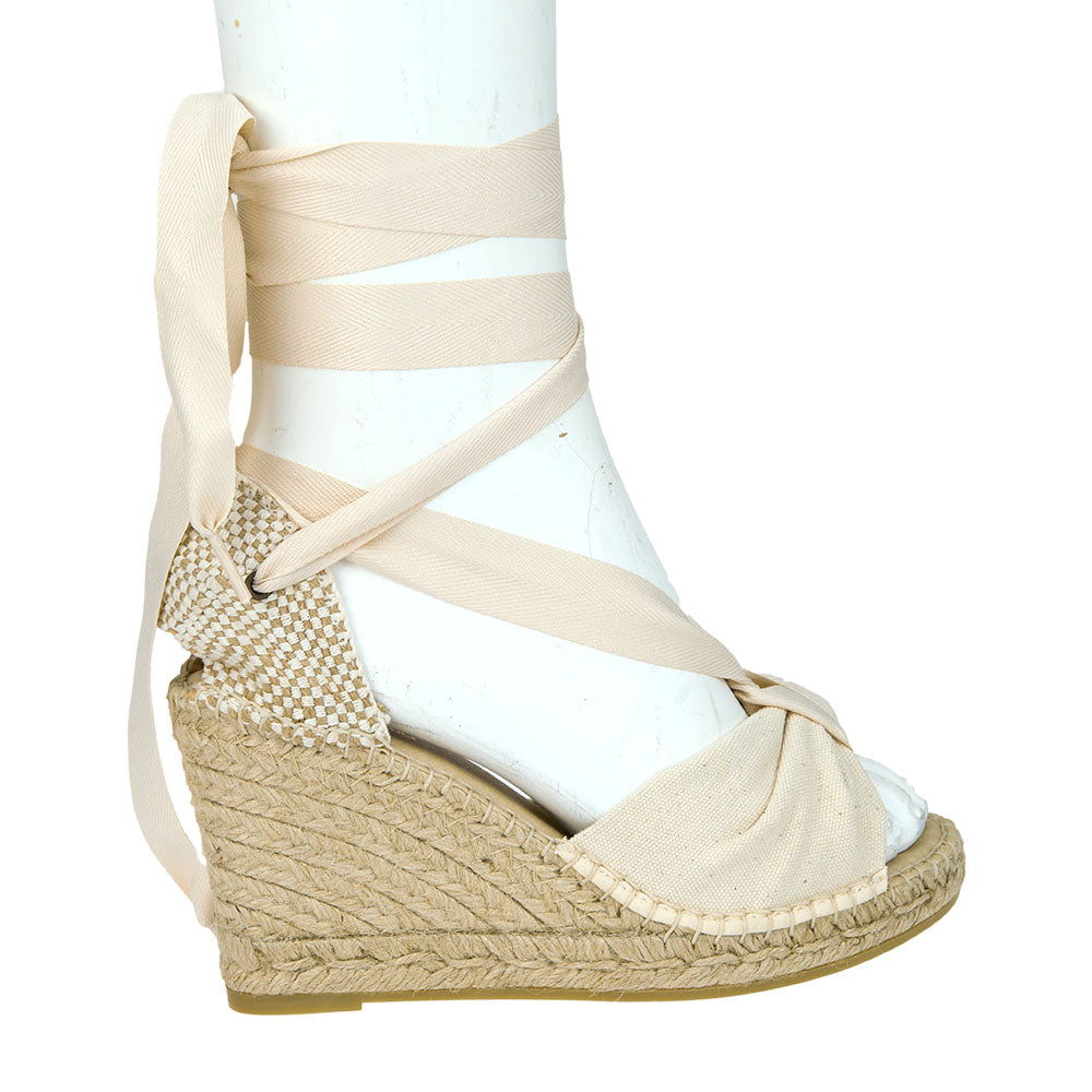 White ribbon store wedges