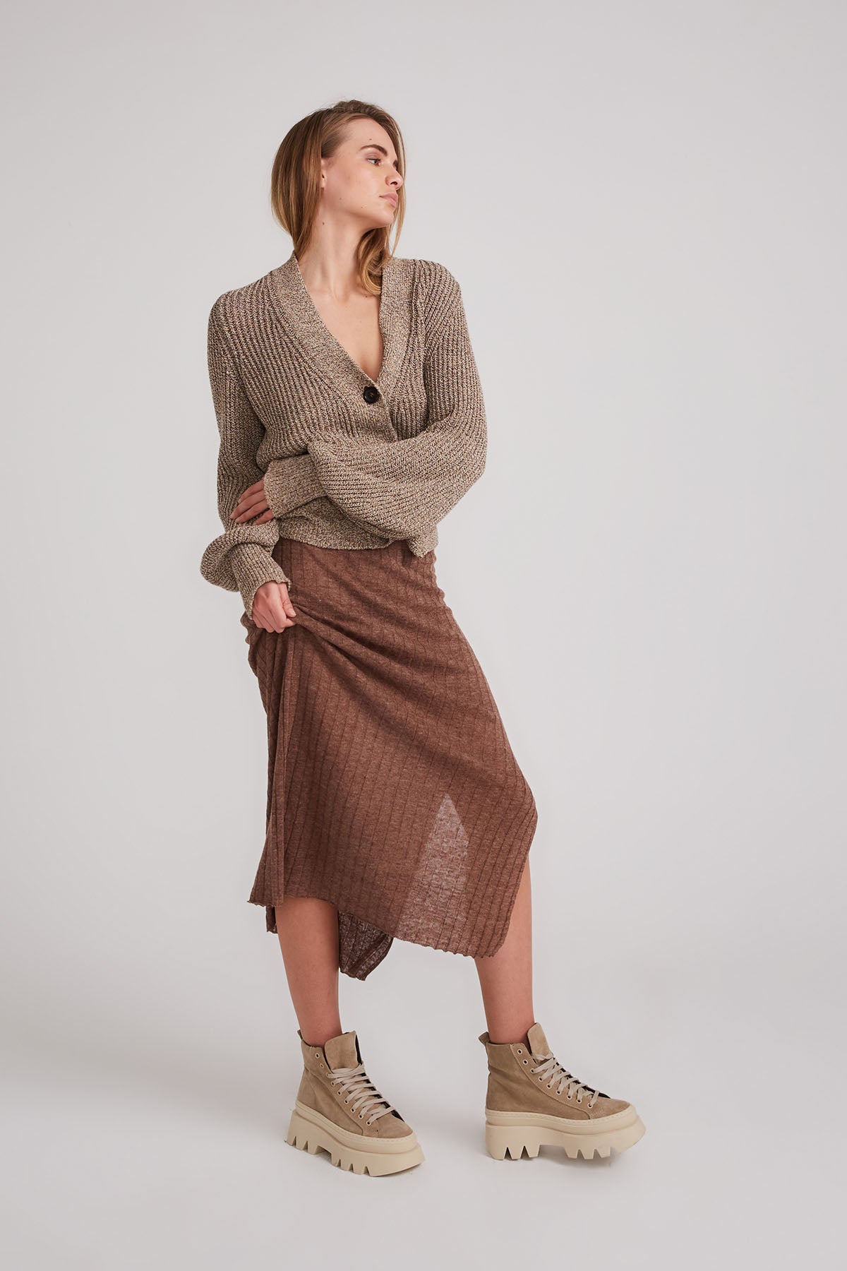 Relia Ribbed Linen Skirt - Chocolate