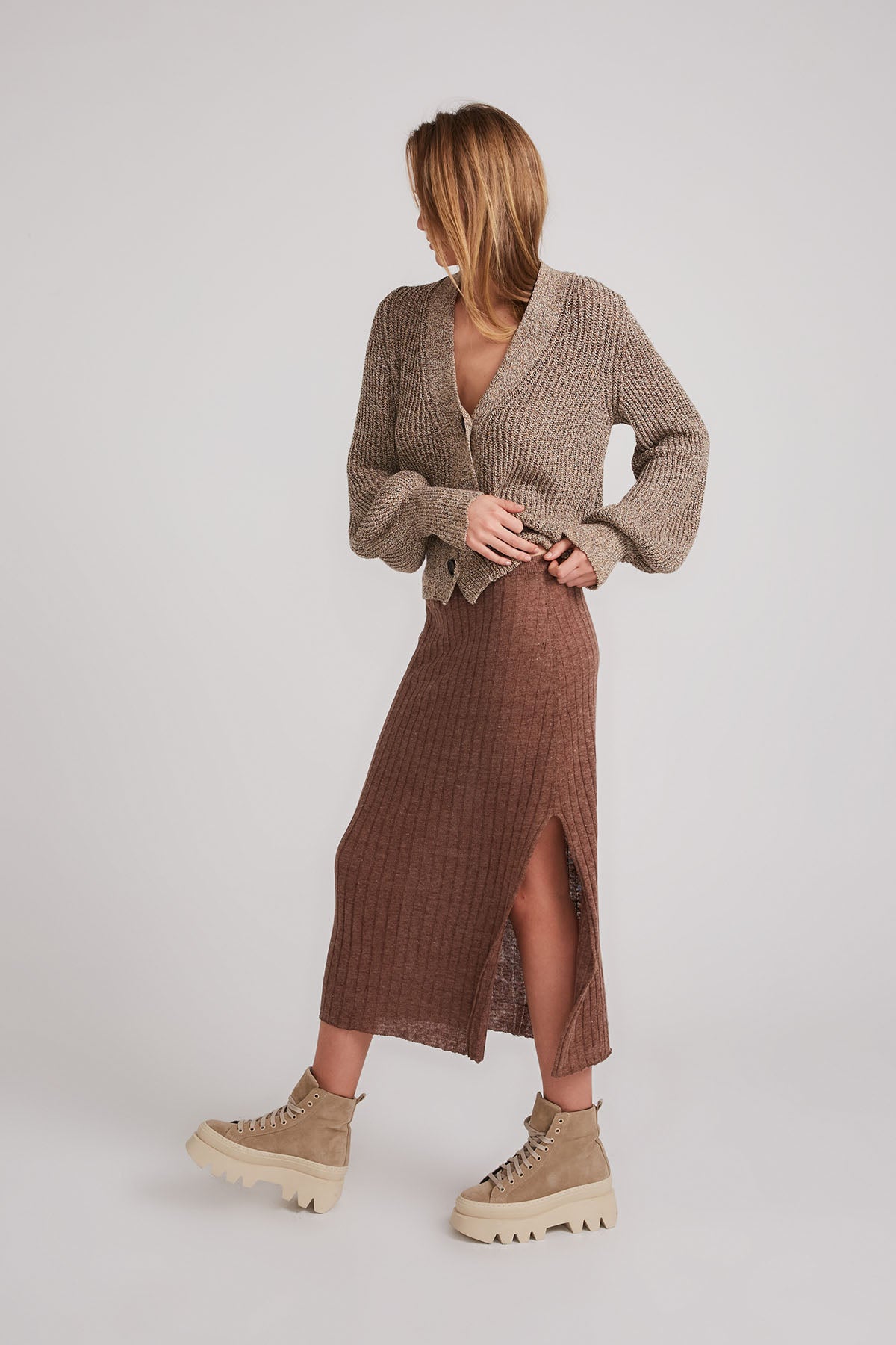 Relia Ribbed Linen Skirt - Chocolate