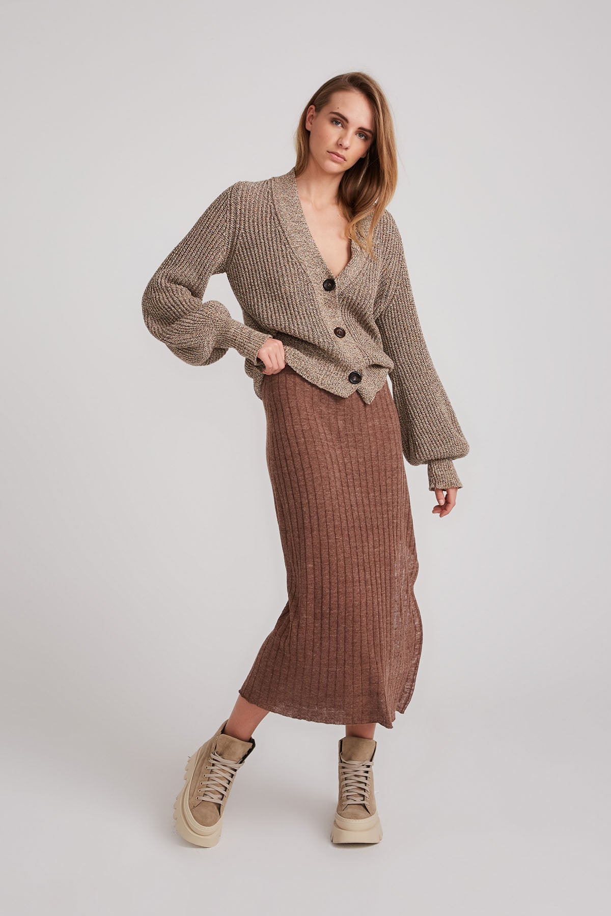 Relia Ribbed Linen Skirt - Chocolate