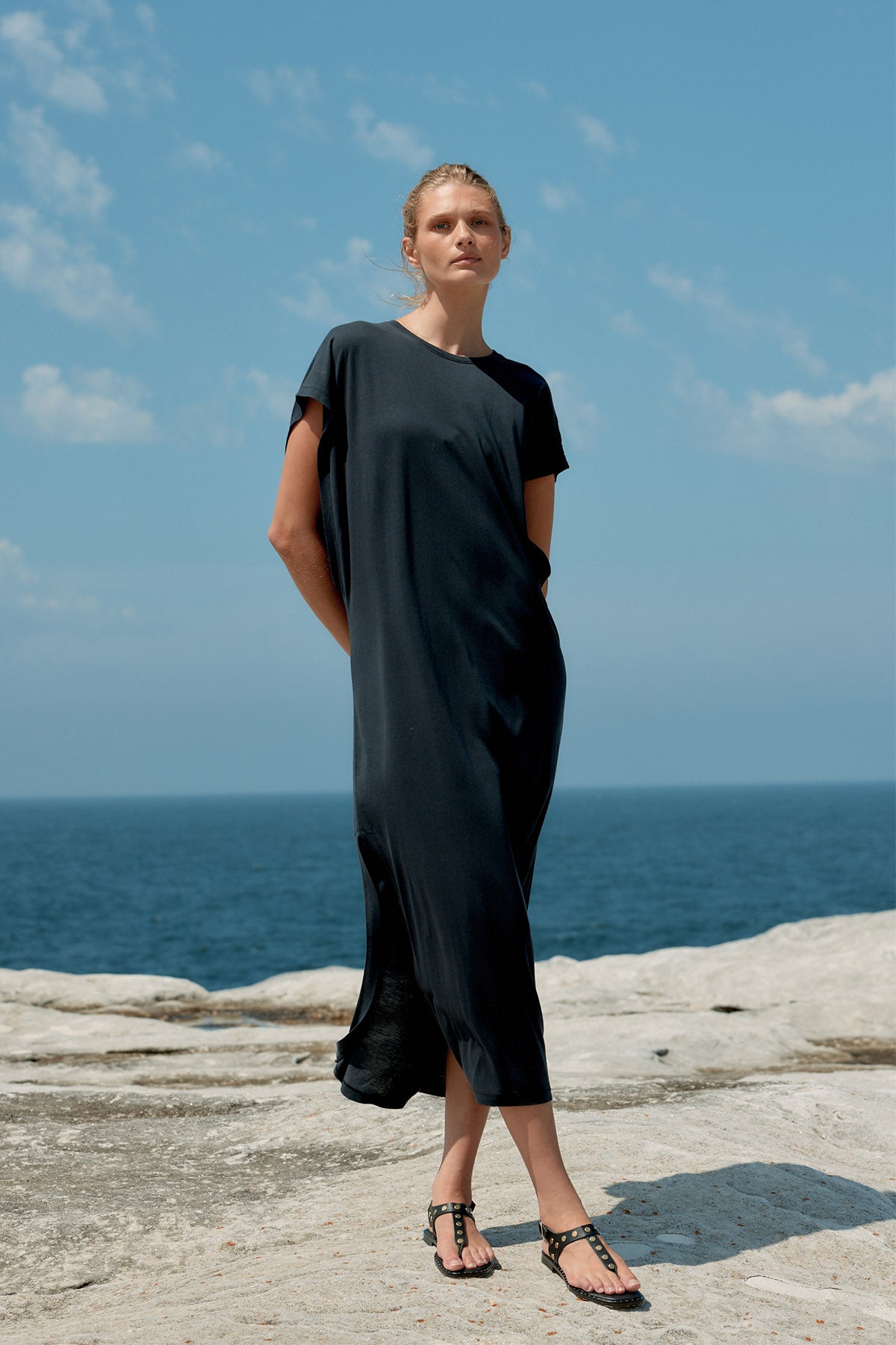 Batwing Cotton/Tencel Maxi Dress - Washed Black
