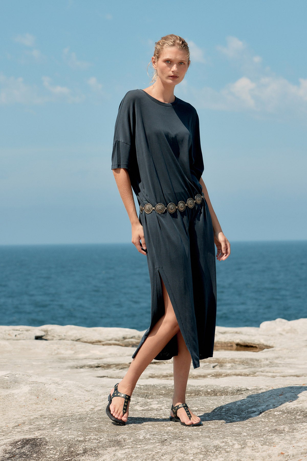 Box Cotton/Tencel Long T-Shirt Dress - Washed Black