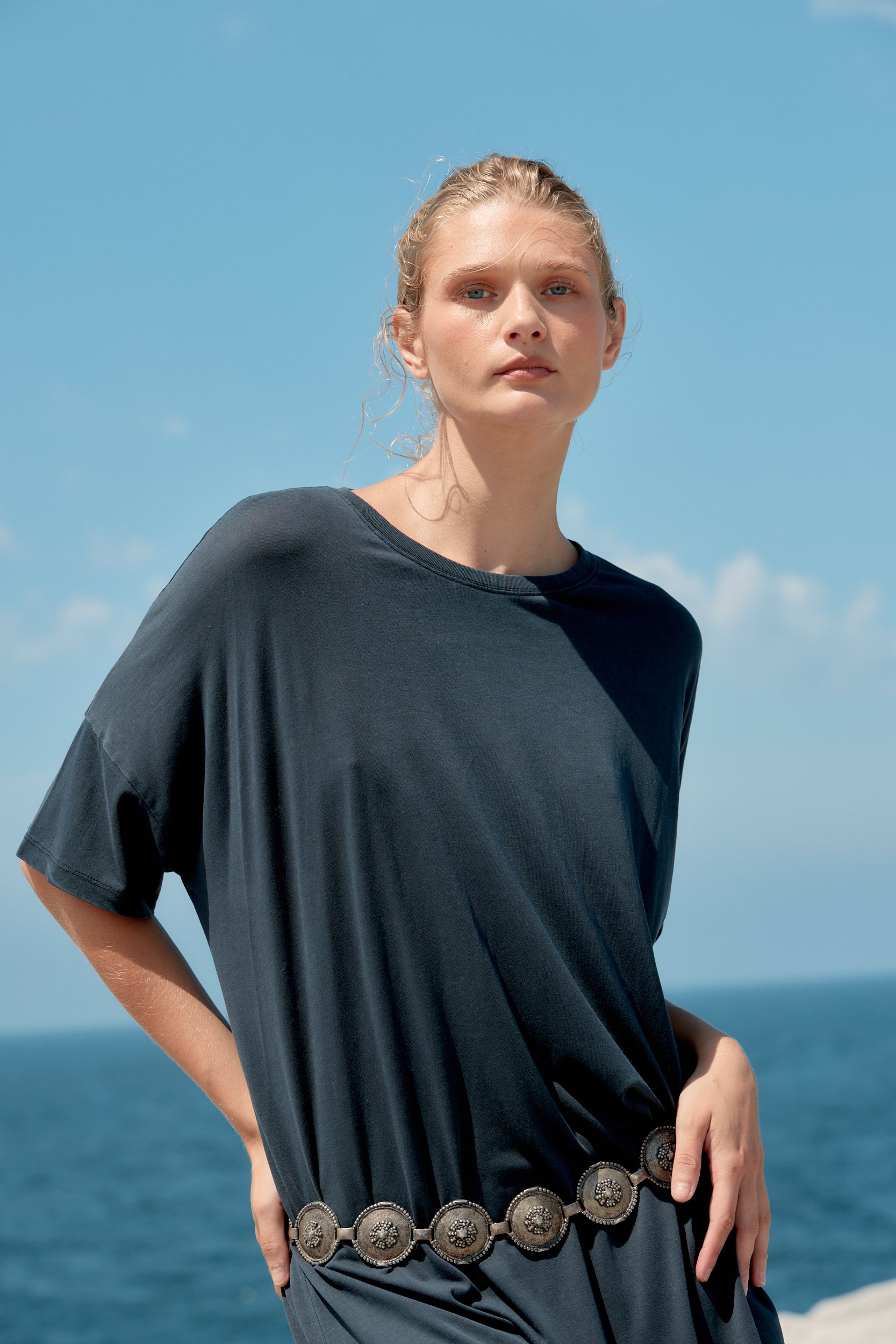 Box Cotton/Tencel Long T-Shirt Dress - Washed Black