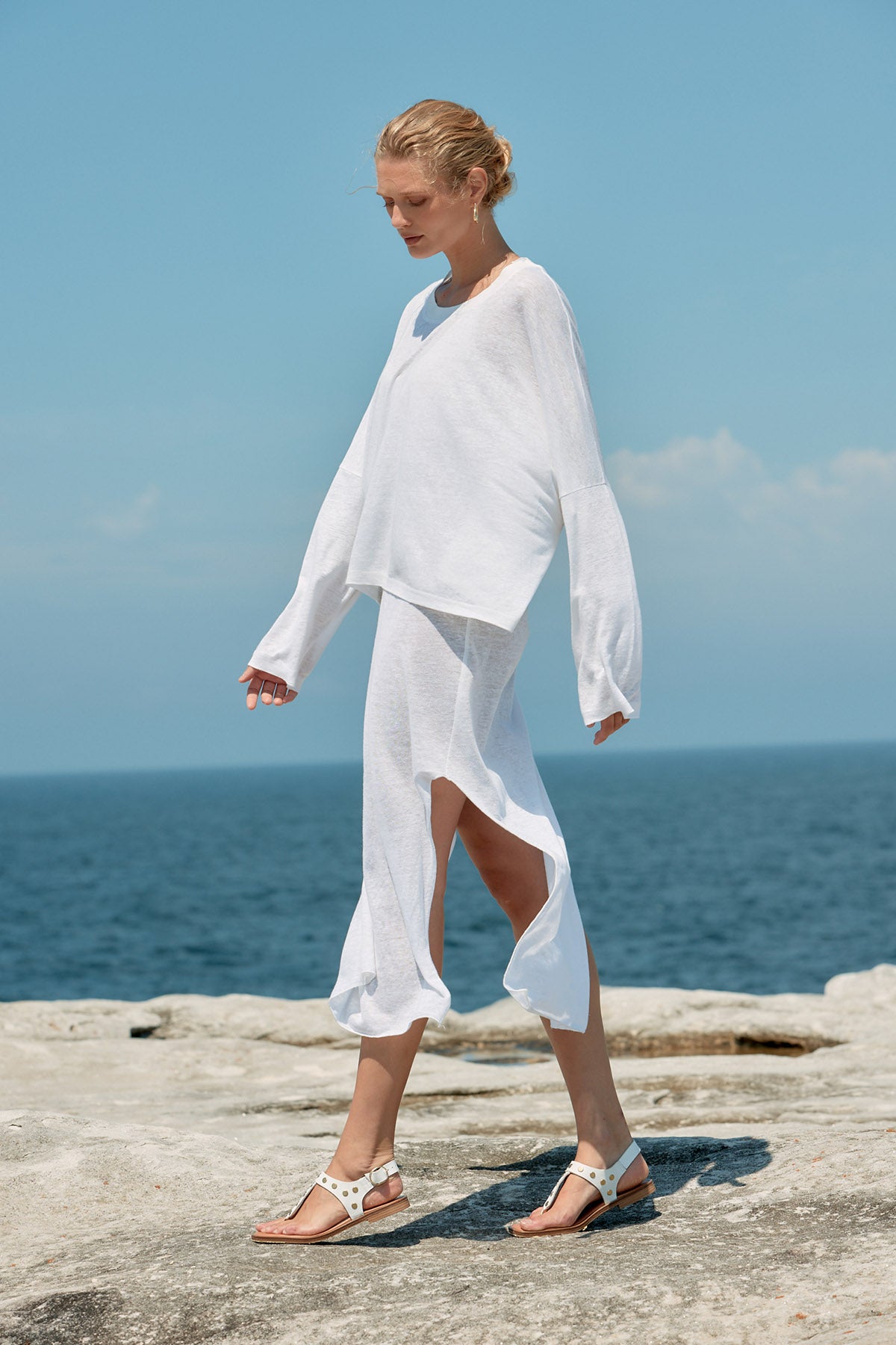 Box Linen Long Sleeve Tee - White