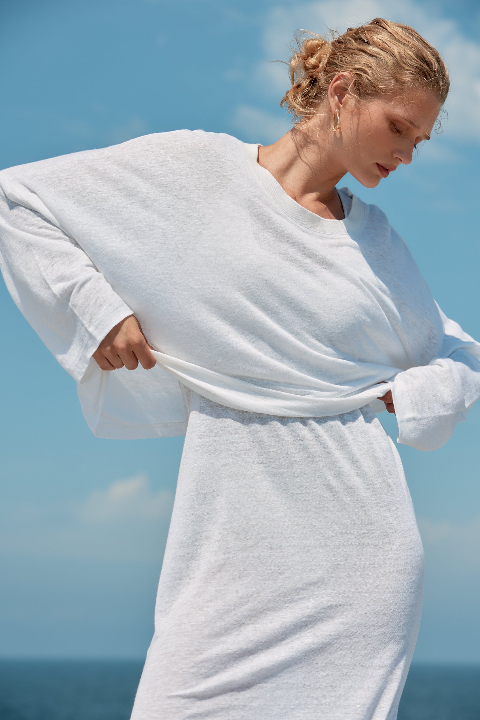 Box Linen Long Sleeve Tee - White